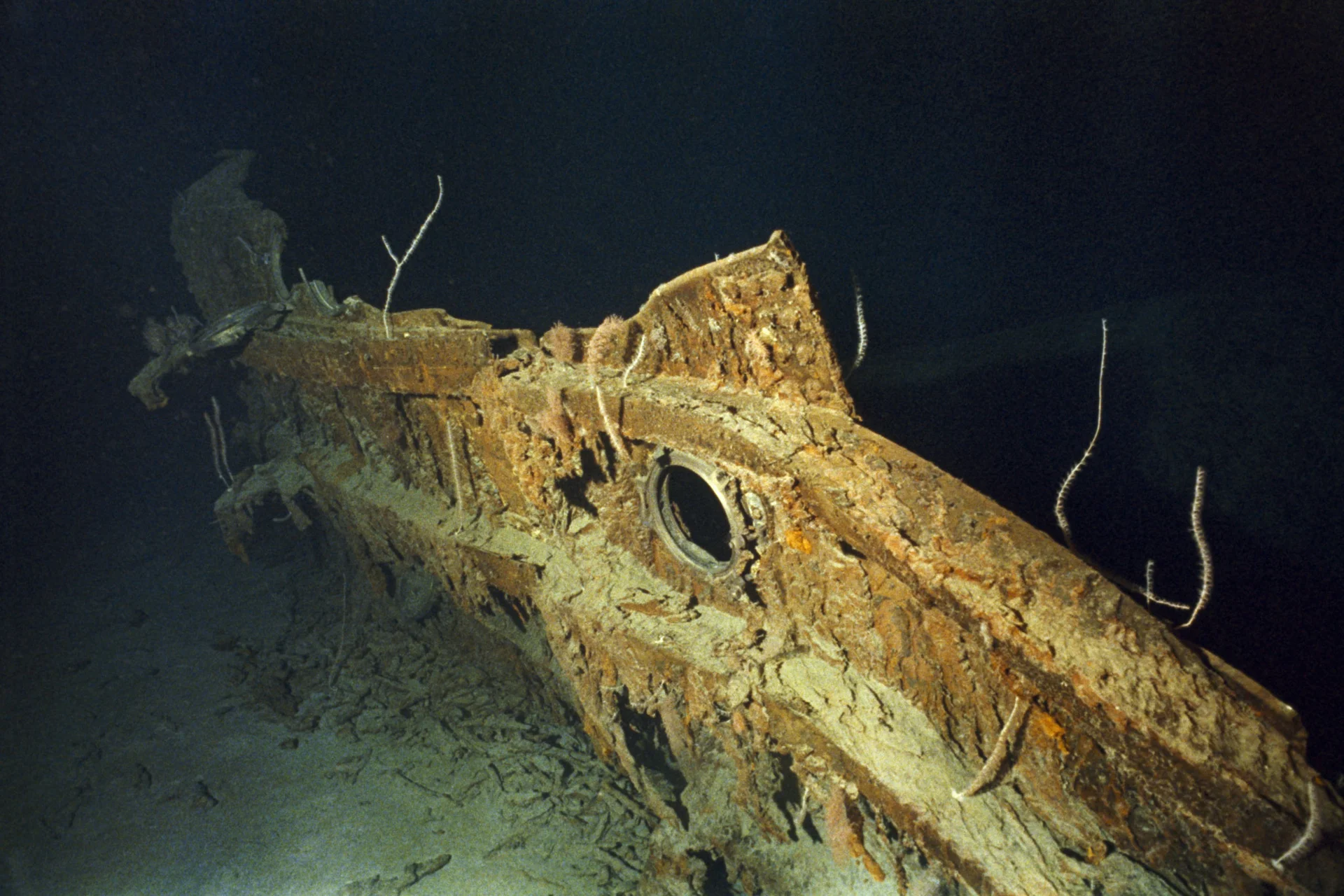 An illuminated section of Titanic’s wreck on the seabed