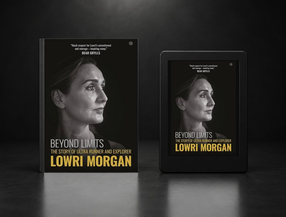 Beyond Limits shown as a paperback book and on a Kindle e-reader, both displaying the monochrome portrait cover with yellow Lowri Morgan lettering
